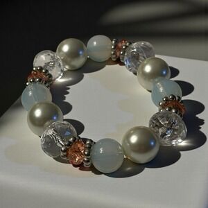 Stretch Bracelet Glass & Acrylic Beads Chunky Faceted Clear Pink Faux Pearl